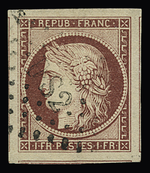 Ceres_No6_1f_Carmin_5_voisins N° 6 1f carmin Cérès oblitéré avec grandes marges équilibrées dont 5 voisins