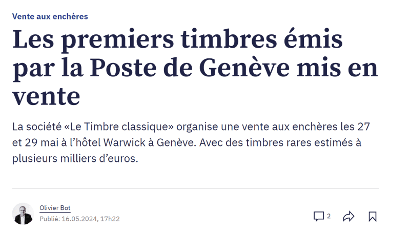 Article dans le journal « Tribune de Genève » à propos de notre vente aux enchères du 27 et 29 mai 2024